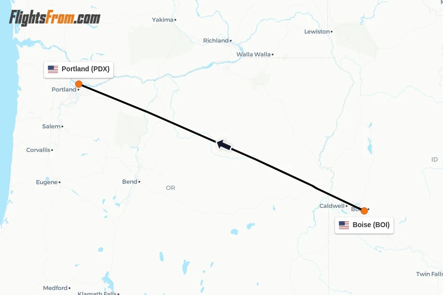 Flights from Boise to Portland route map