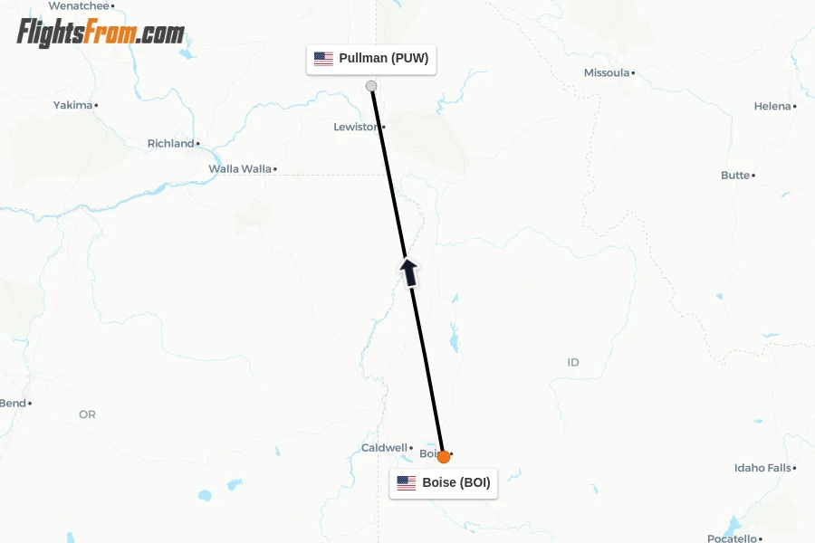 Flights from Boise to Pullman route map