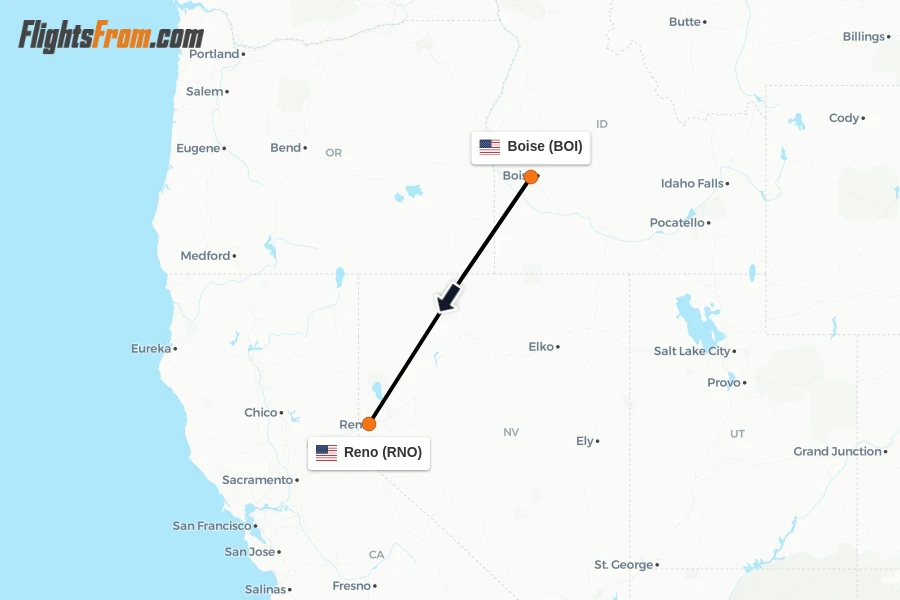 Flights from Boise to Reno route map