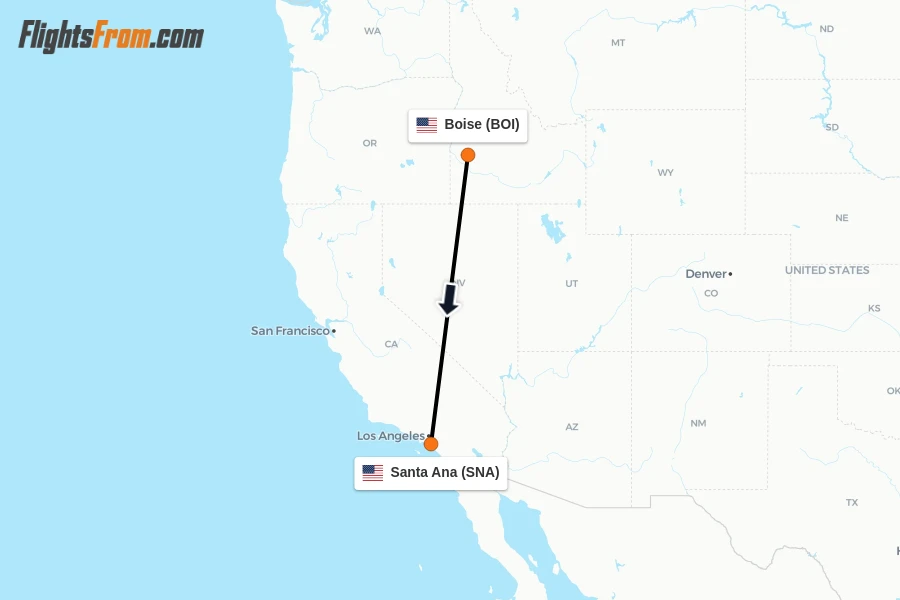 Flights from Boise to Santa Ana route map