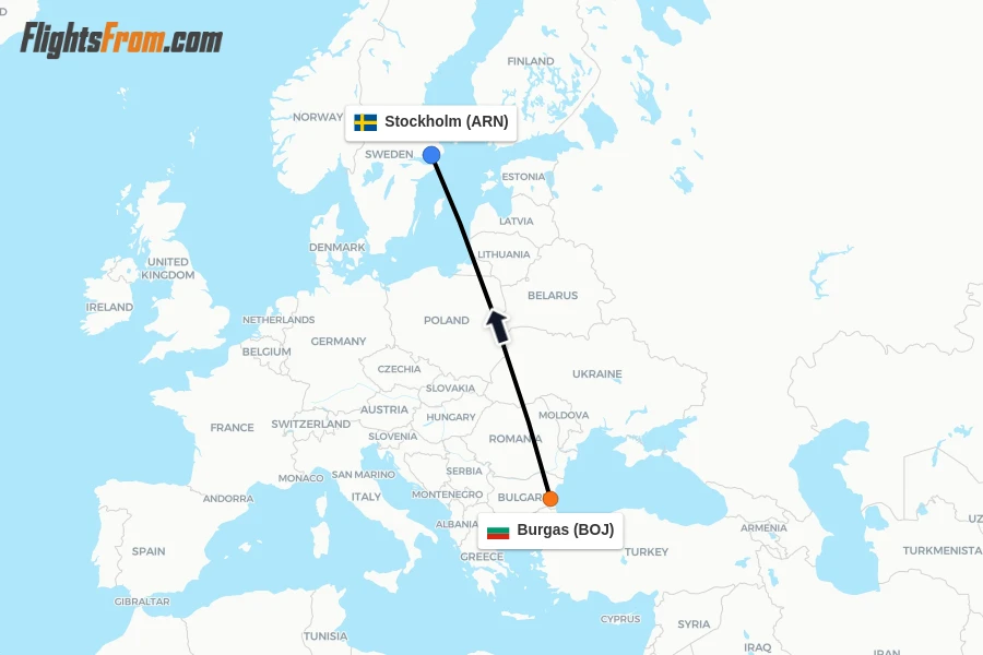 Flights from Burgas to Stockholm route map