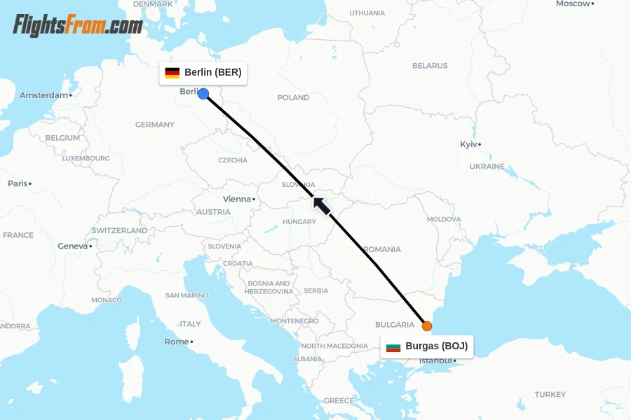 Flights from Burgas to Berlin route map