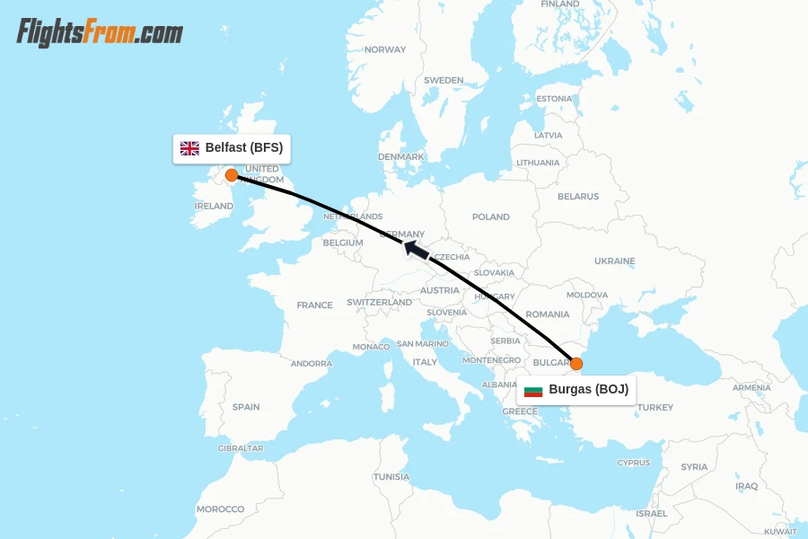 Flights from Burgas to Belfast route map