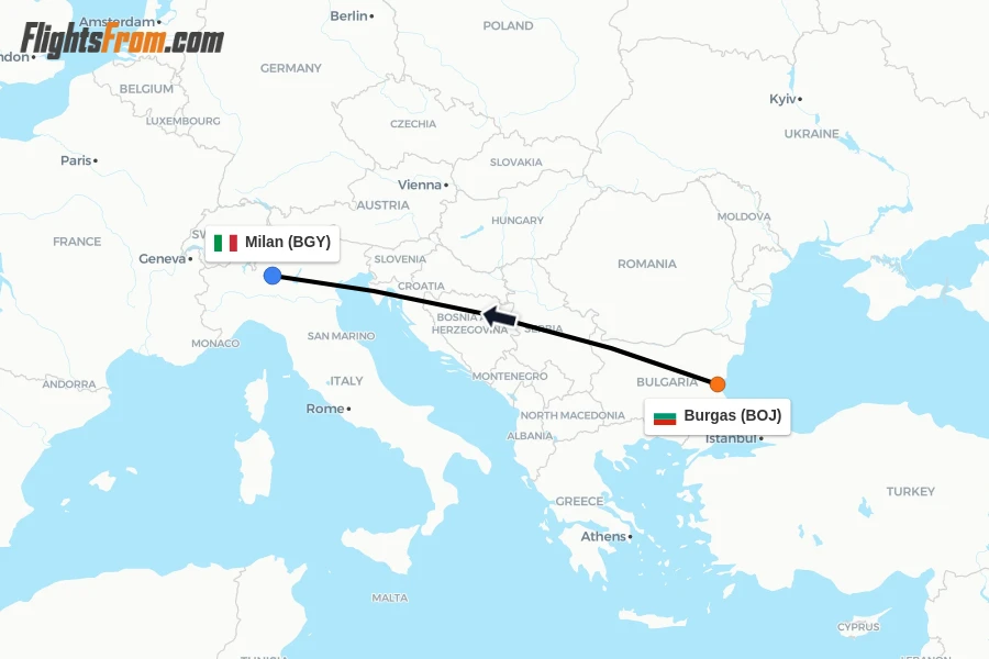Flights from Burgas to Milan route map