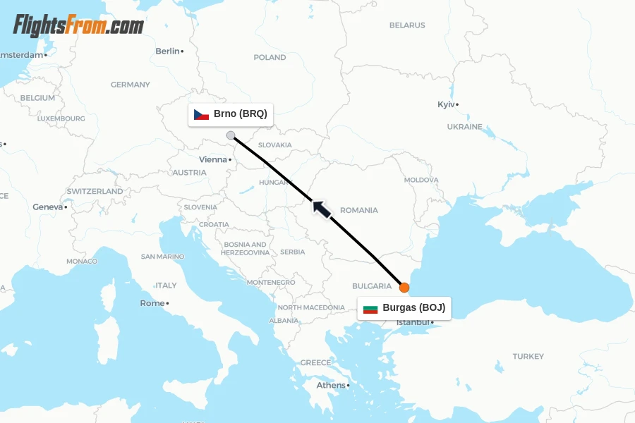 Flights from Burgas to Brno route map