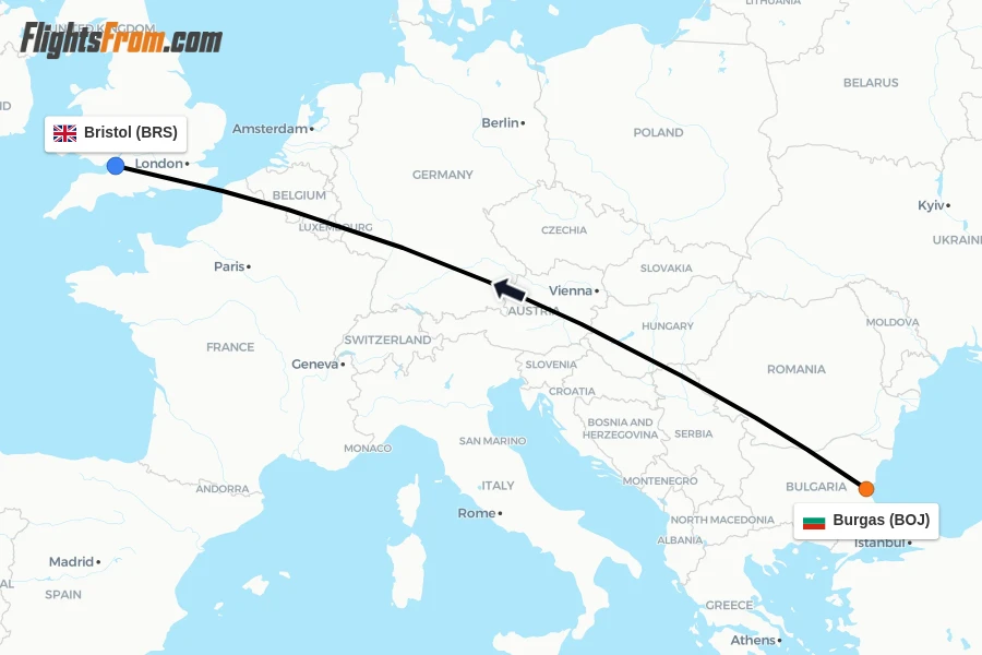 Flights from Burgas to Bristol route map