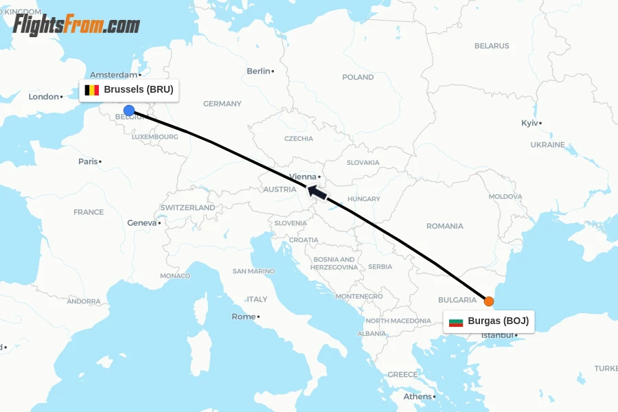 Flights from Burgas to Brussels route map