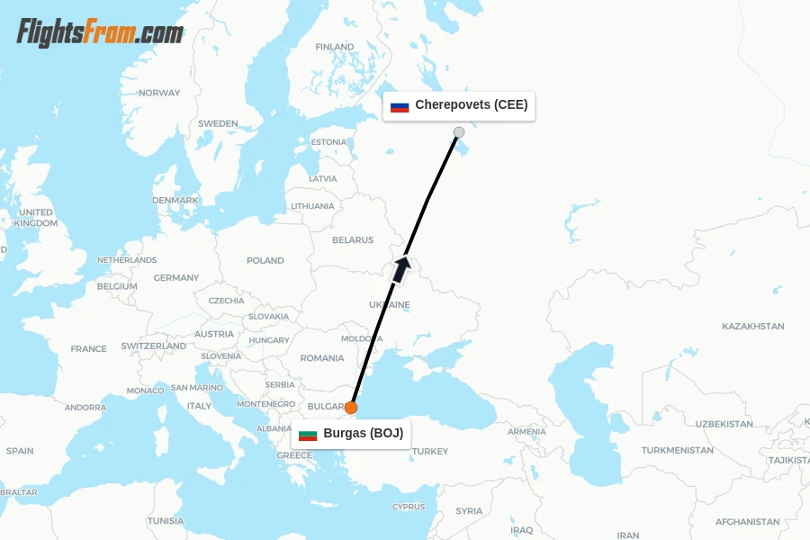 Flights from Burgas to Cherepovets route map