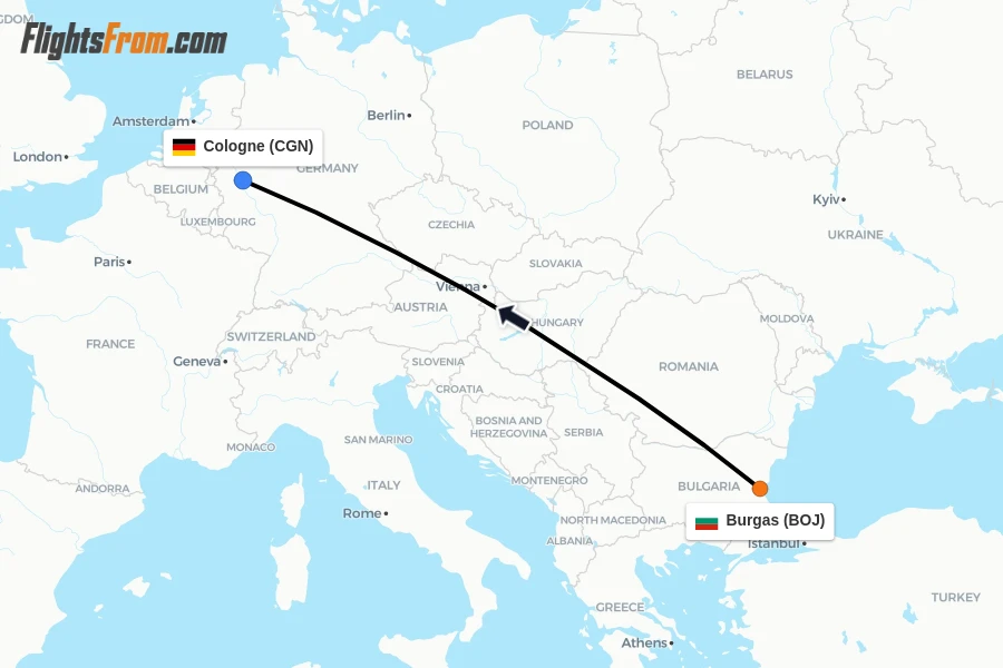 Flights from Burgas to Cologne route map