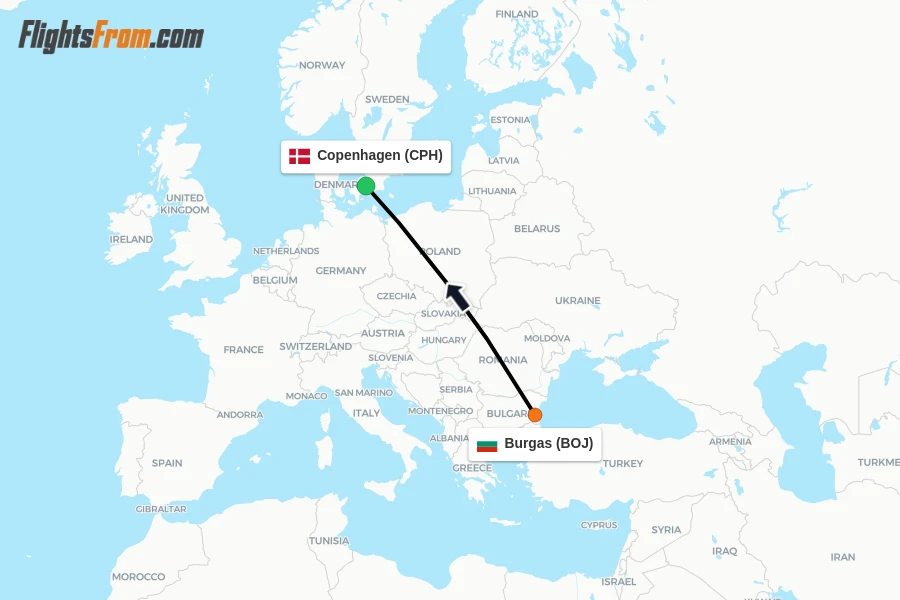 Flights from Burgas to Copenhagen route map