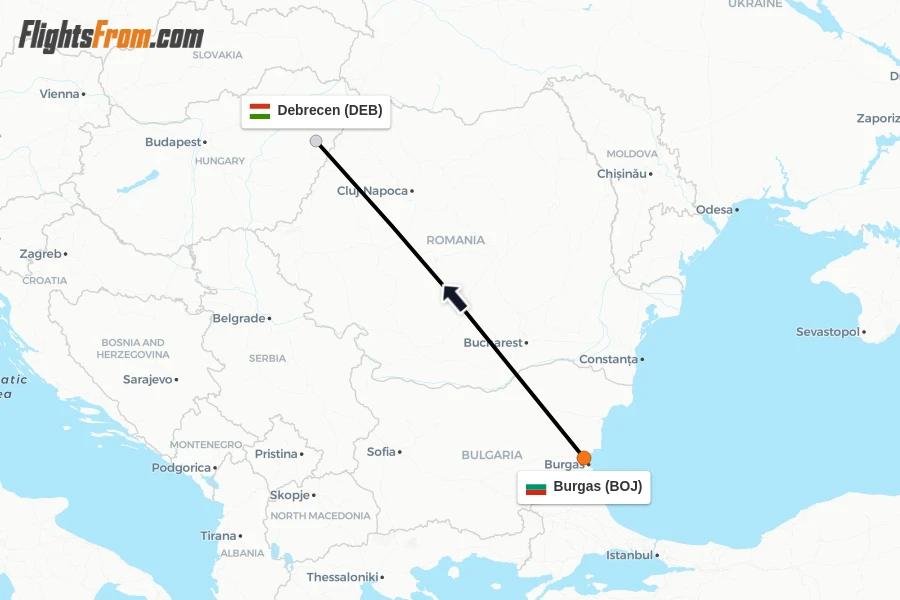 Flights from Burgas to Debrecen route map