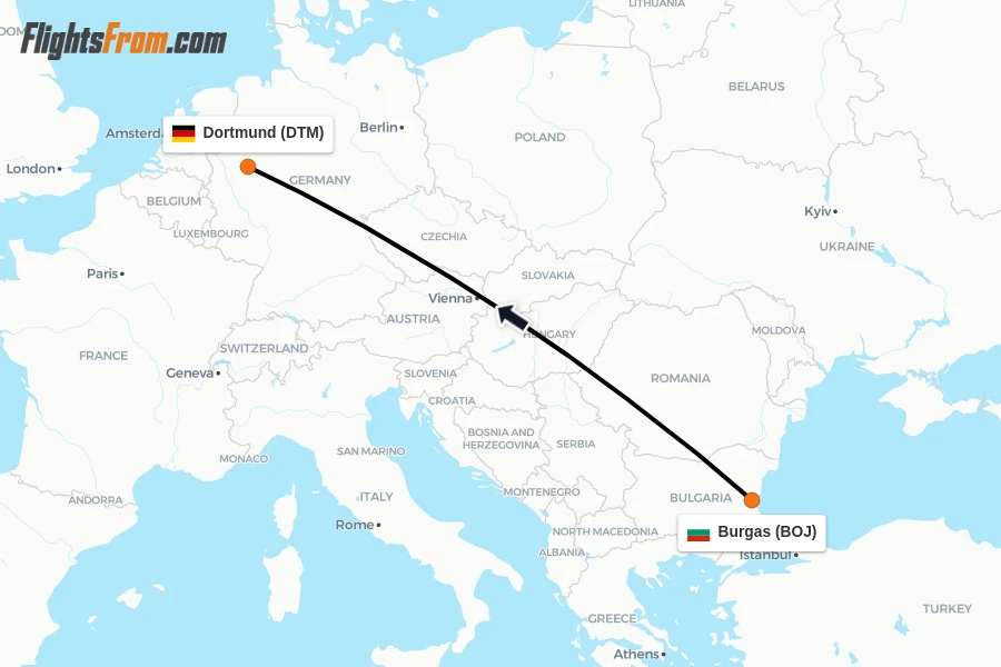 Flights from Burgas to Dortmund route map