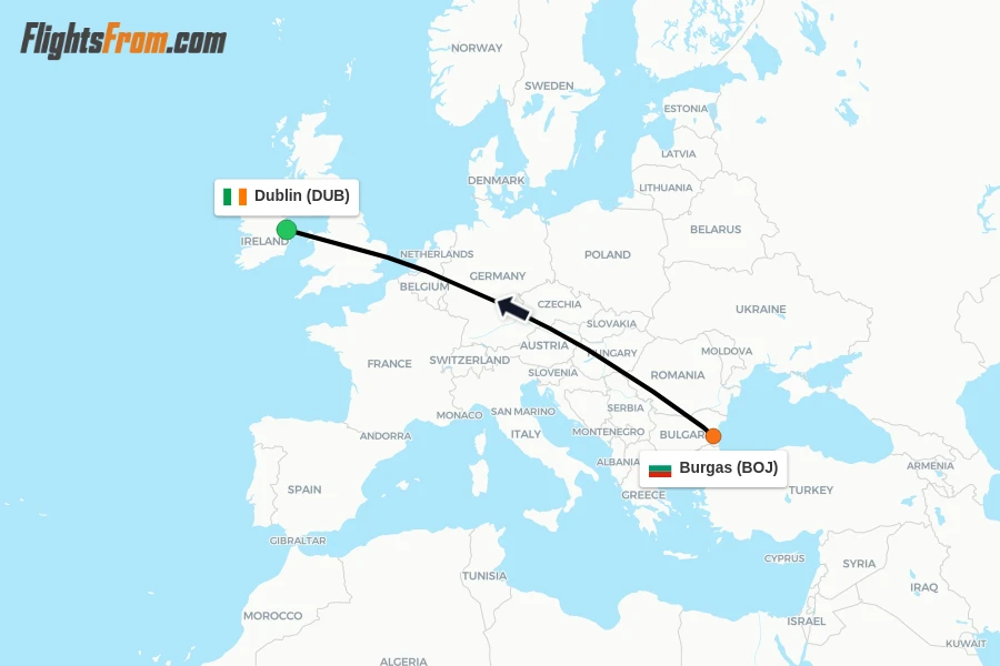 Flights from Burgas to Dublin route map
