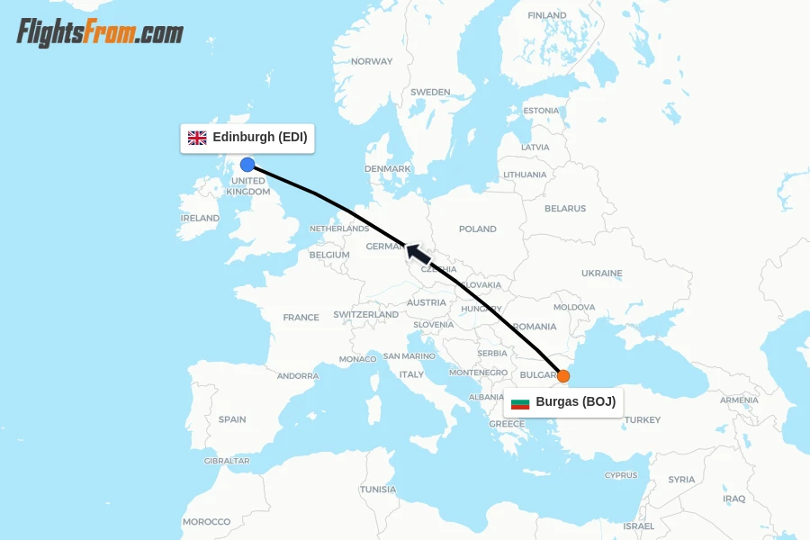 Flights from Burgas to Edinburgh route map