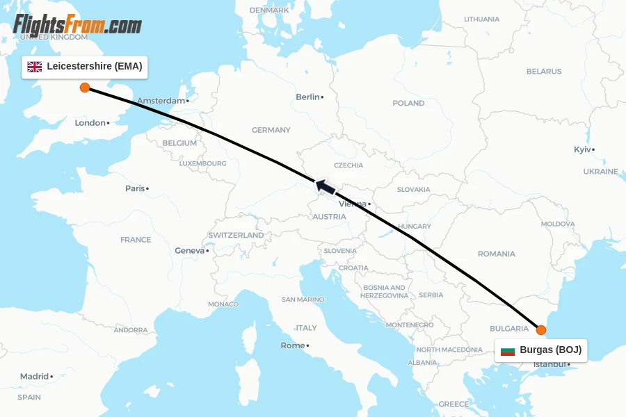 Flights from Burgas to Leicestershire route map
