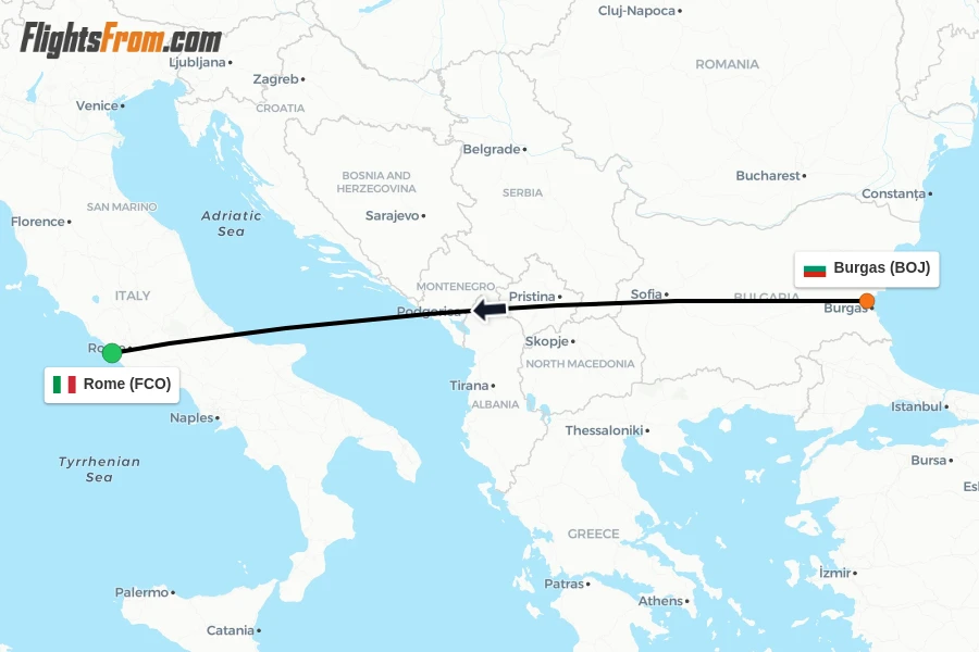 Flights from Burgas to Rome route map
