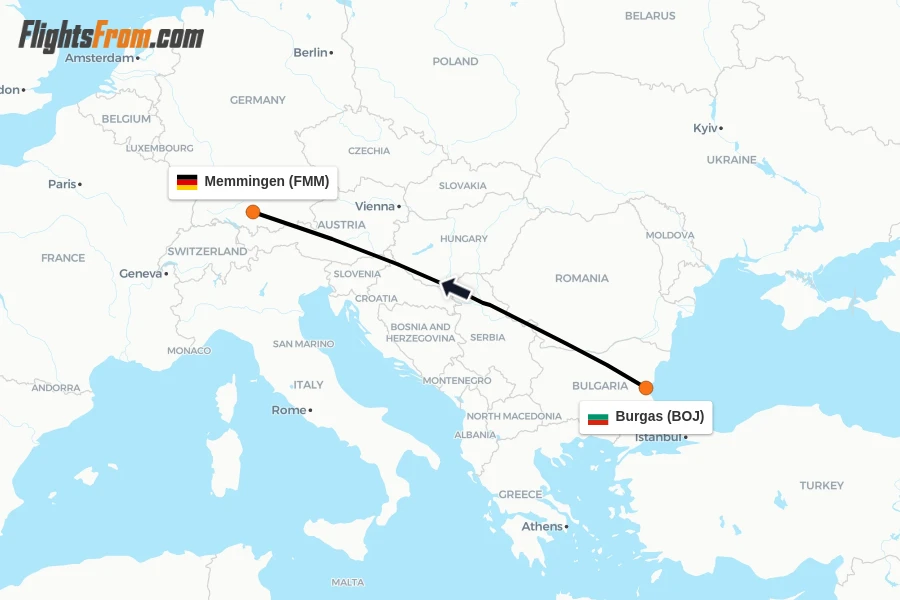 Flights from Burgas to Memmingen route map