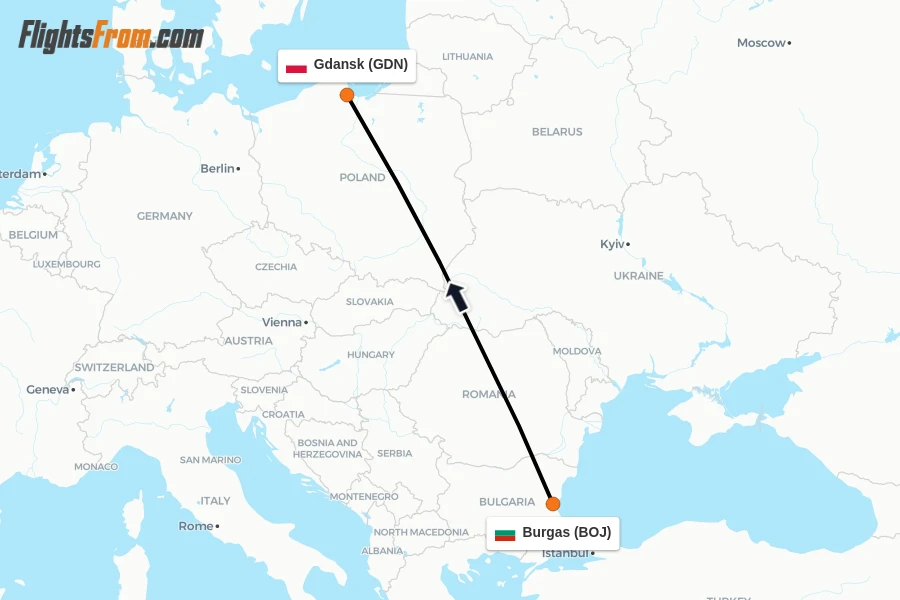 Flights from Burgas to Gdansk route map