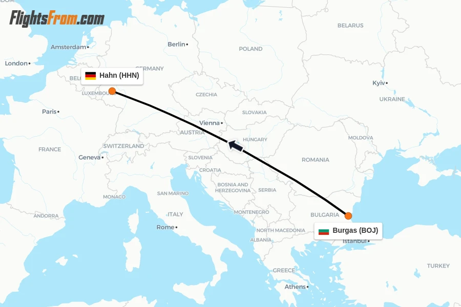 Flights from Burgas to Hahn route map