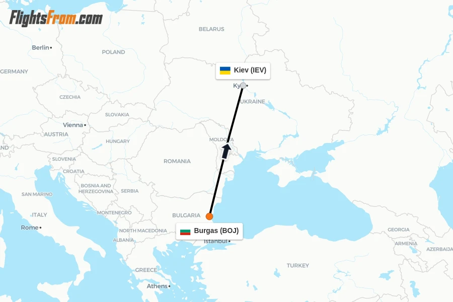 Flights from Burgas to Kiev route map