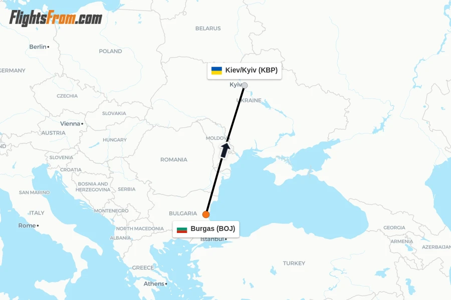 Flights from Burgas to Kiev/Kyiv route map