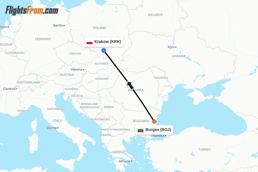 Flights from Burgas to Krakow route map