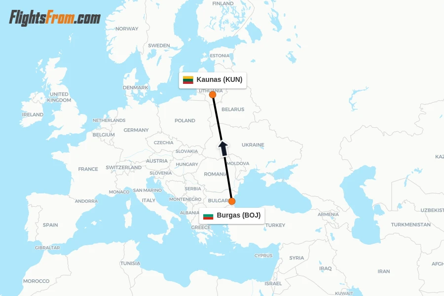 Flights from Burgas to Kaunas route map