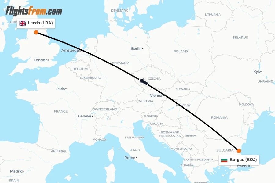 Flights from Burgas to Leeds route map