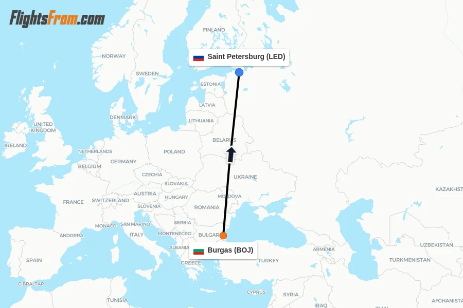 Flights from Burgas to Saint Petersburg route map