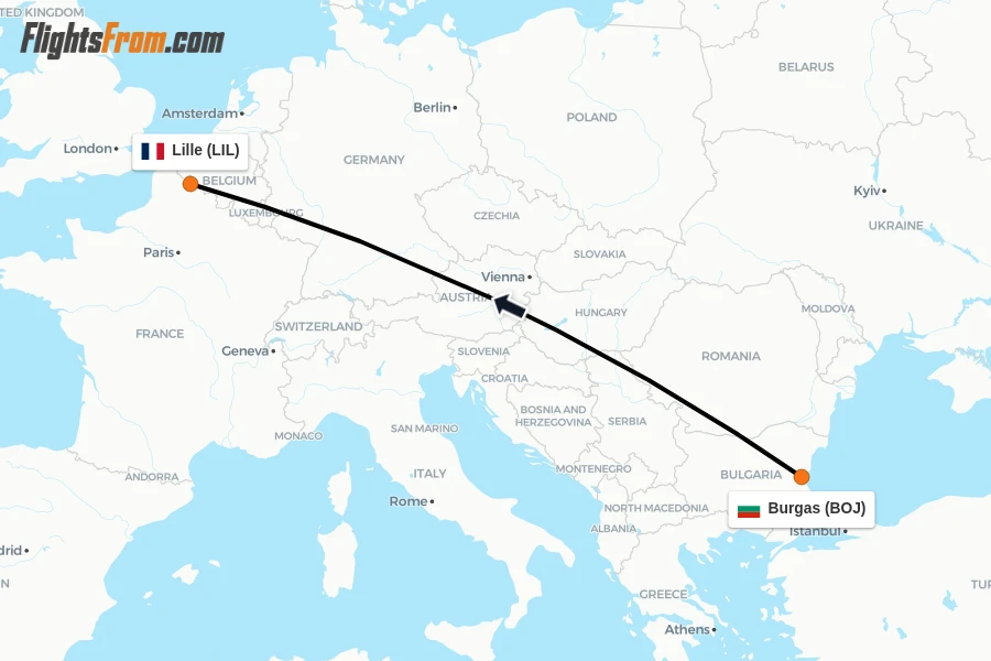 Flights from Burgas to Lille route map