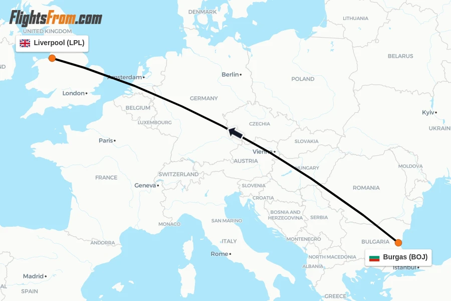 Flights from Burgas to Liverpool route map