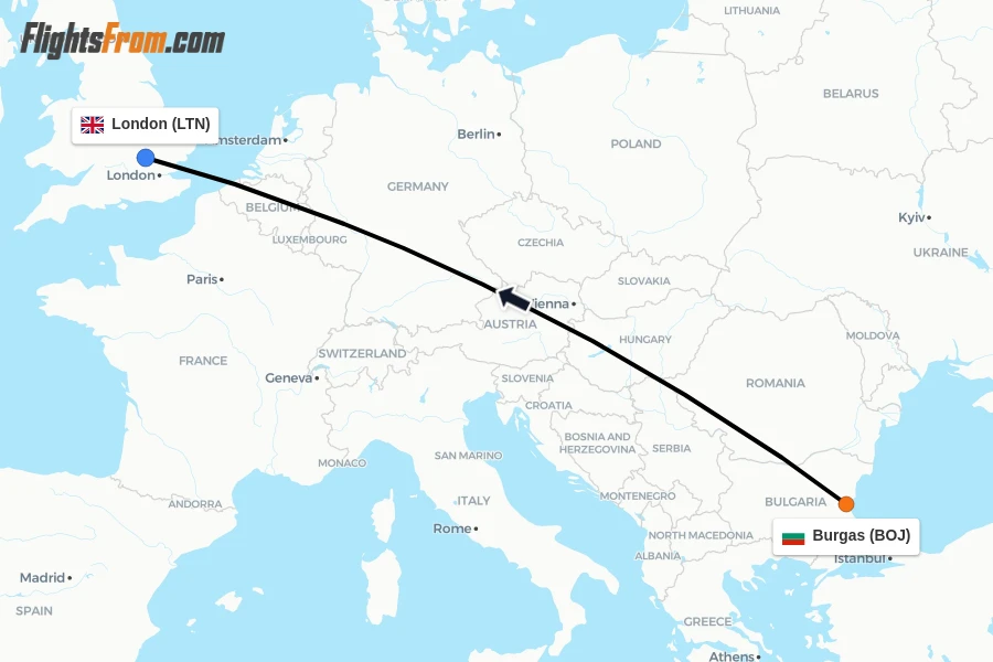 Flights from Burgas to London route map
