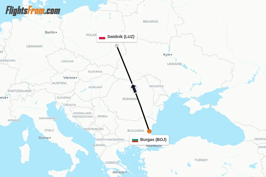 Flights from Burgas to Swidnik route map