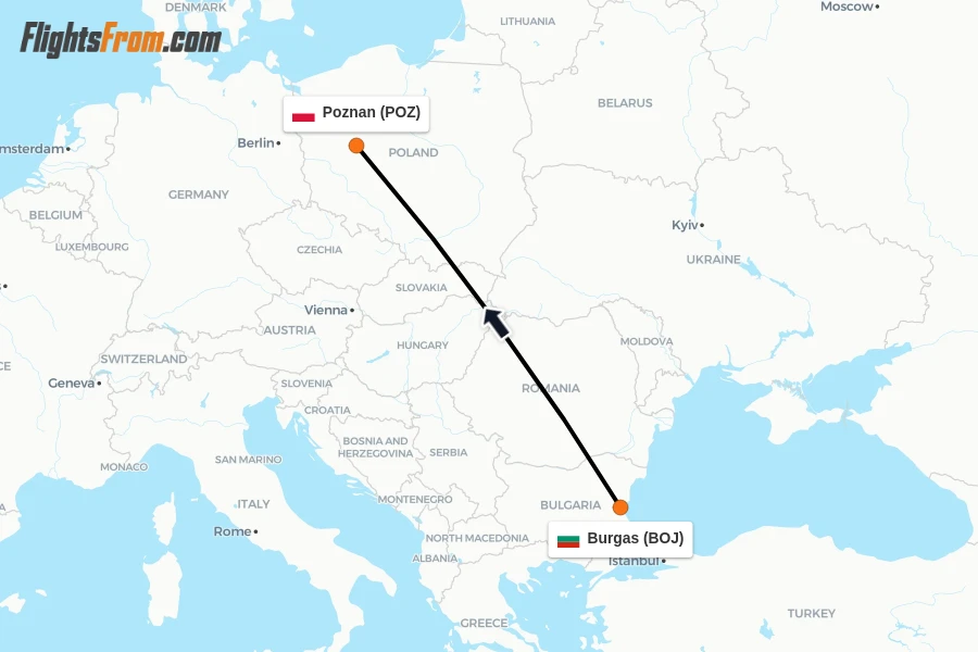 Flights from Burgas to Poznan route map