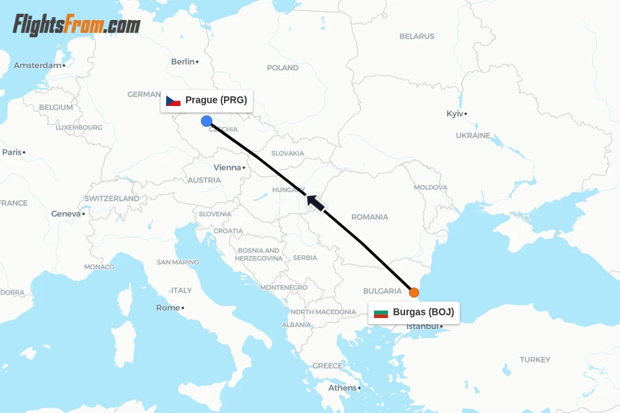 Flights from Burgas to Prague route map