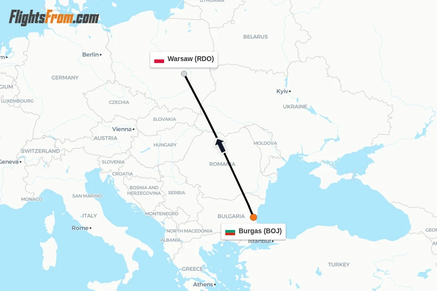 Flights from Burgas to Warsaw route map