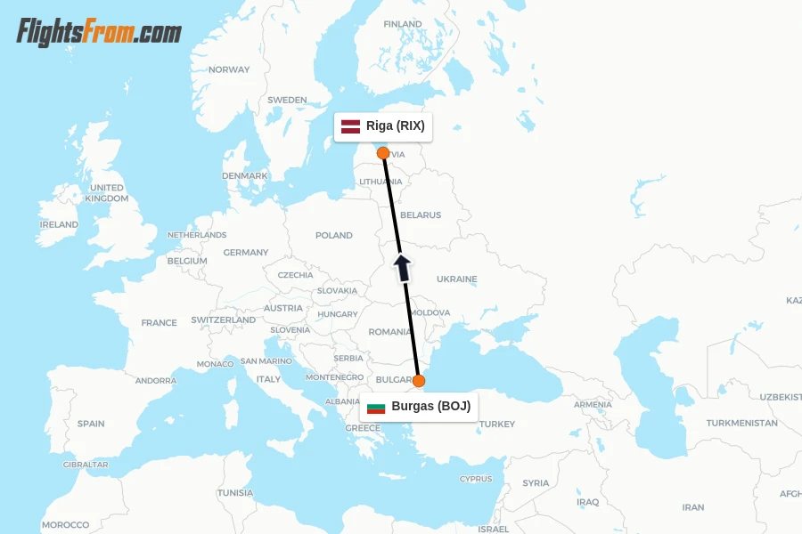 Flights from Burgas to Riga route map
