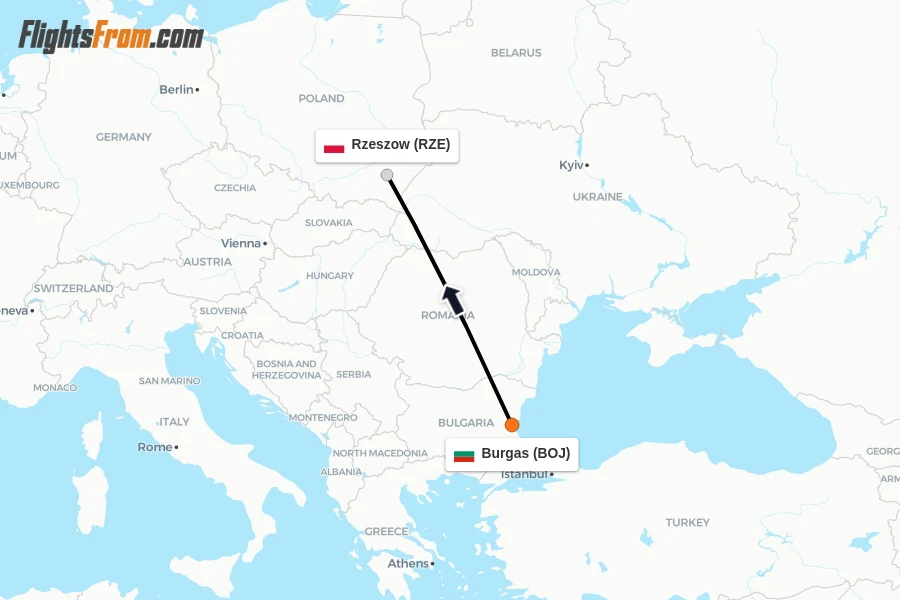 Flights from Burgas to Rzeszow route map