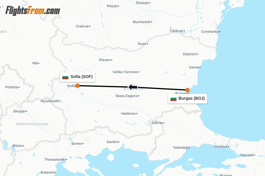 Flights from Burgas to Sofia route map