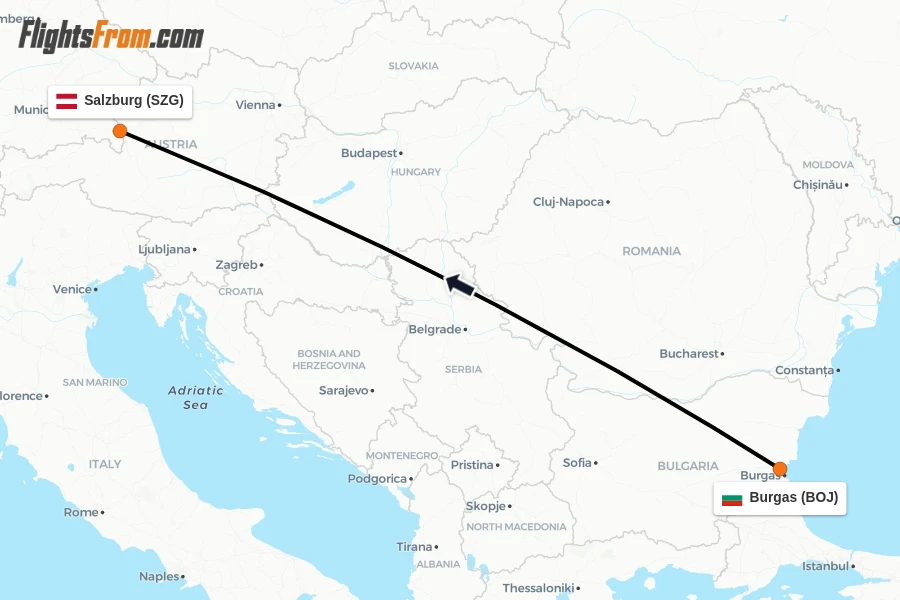 Flights from Burgas to Salzburg route map
