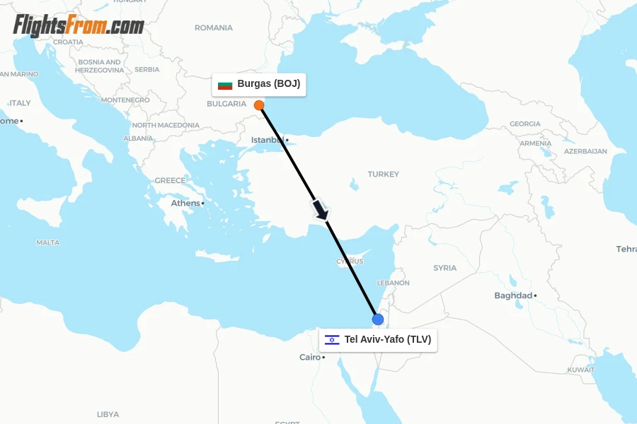 Flights from Burgas to Tel Aviv-Yafo route map