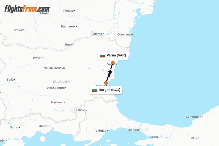 Flights from Burgas to Varna route map