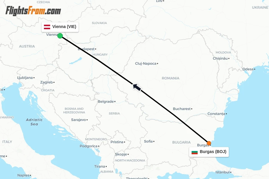 Flights from Burgas to Vienna route map