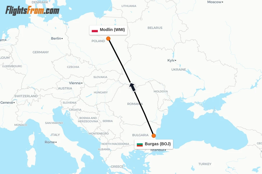 Flights from Burgas to Modlin route map