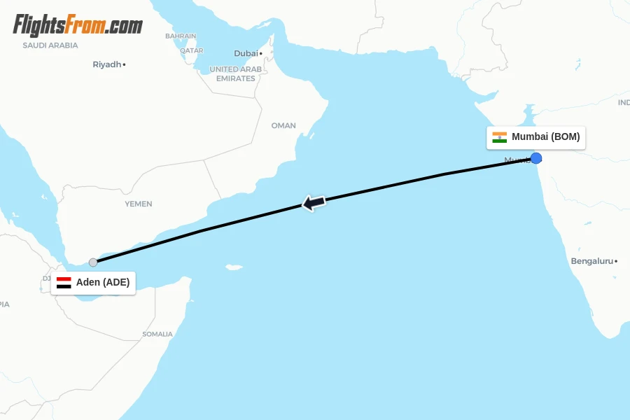Flights from Mumbai to Aden route map