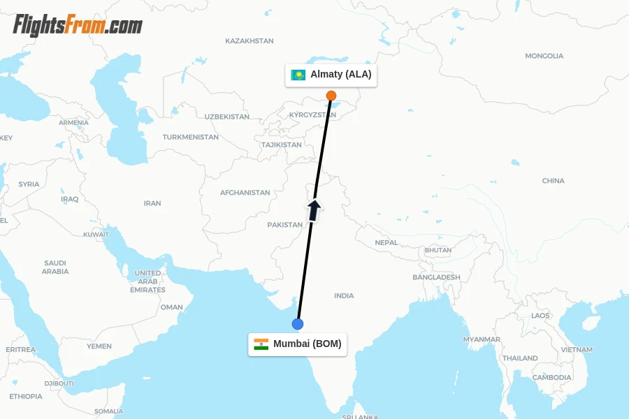 Flights from Mumbai to Almaty route map