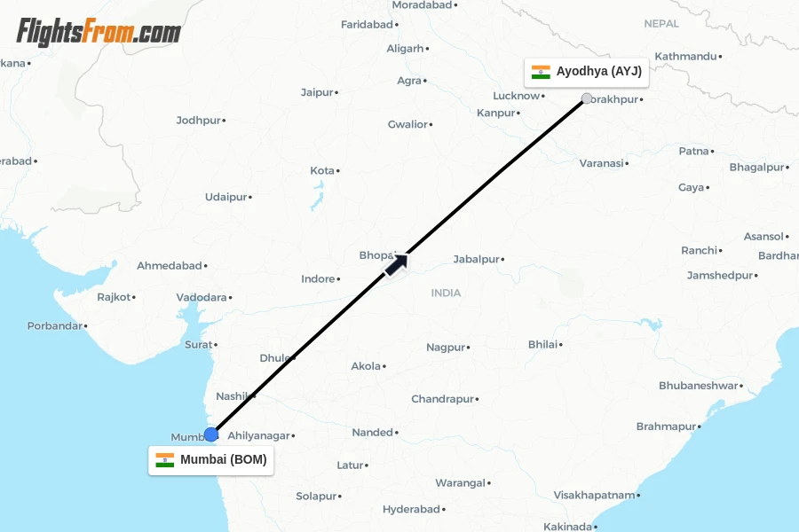 Flights from Mumbai to Ayodhya route map