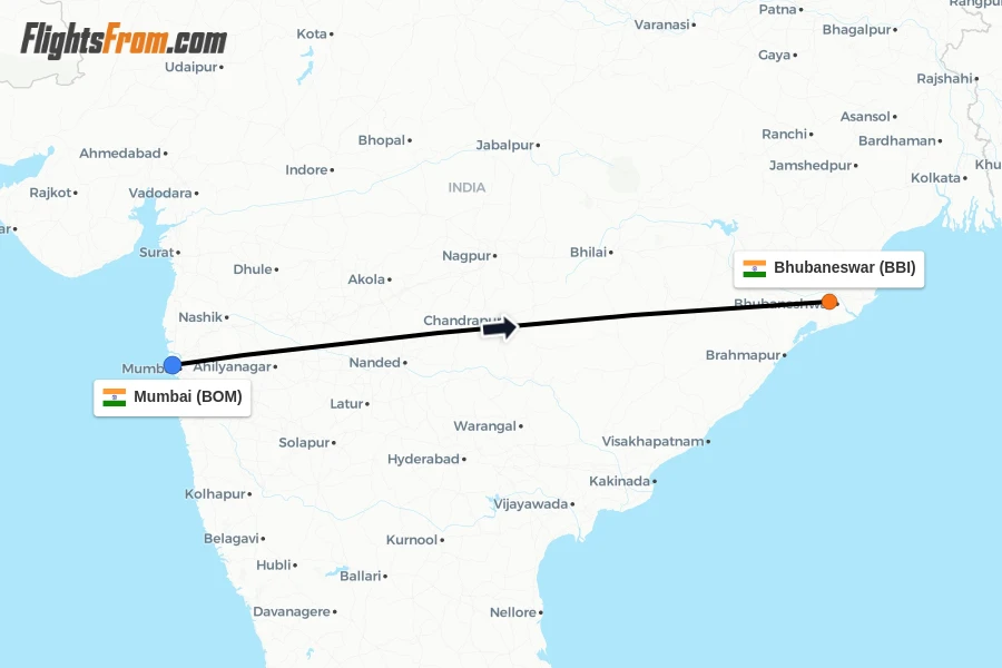 Flights from Mumbai to Bhubaneswar route map
