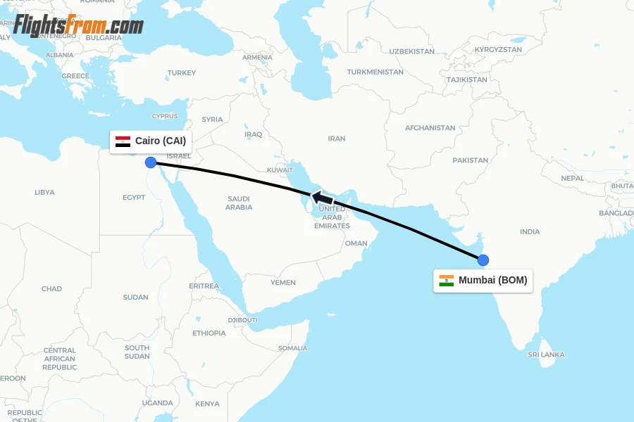 Flights from Mumbai to Cairo route map