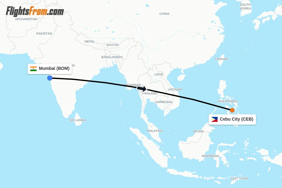 Flights from Mumbai to Cebu City route map